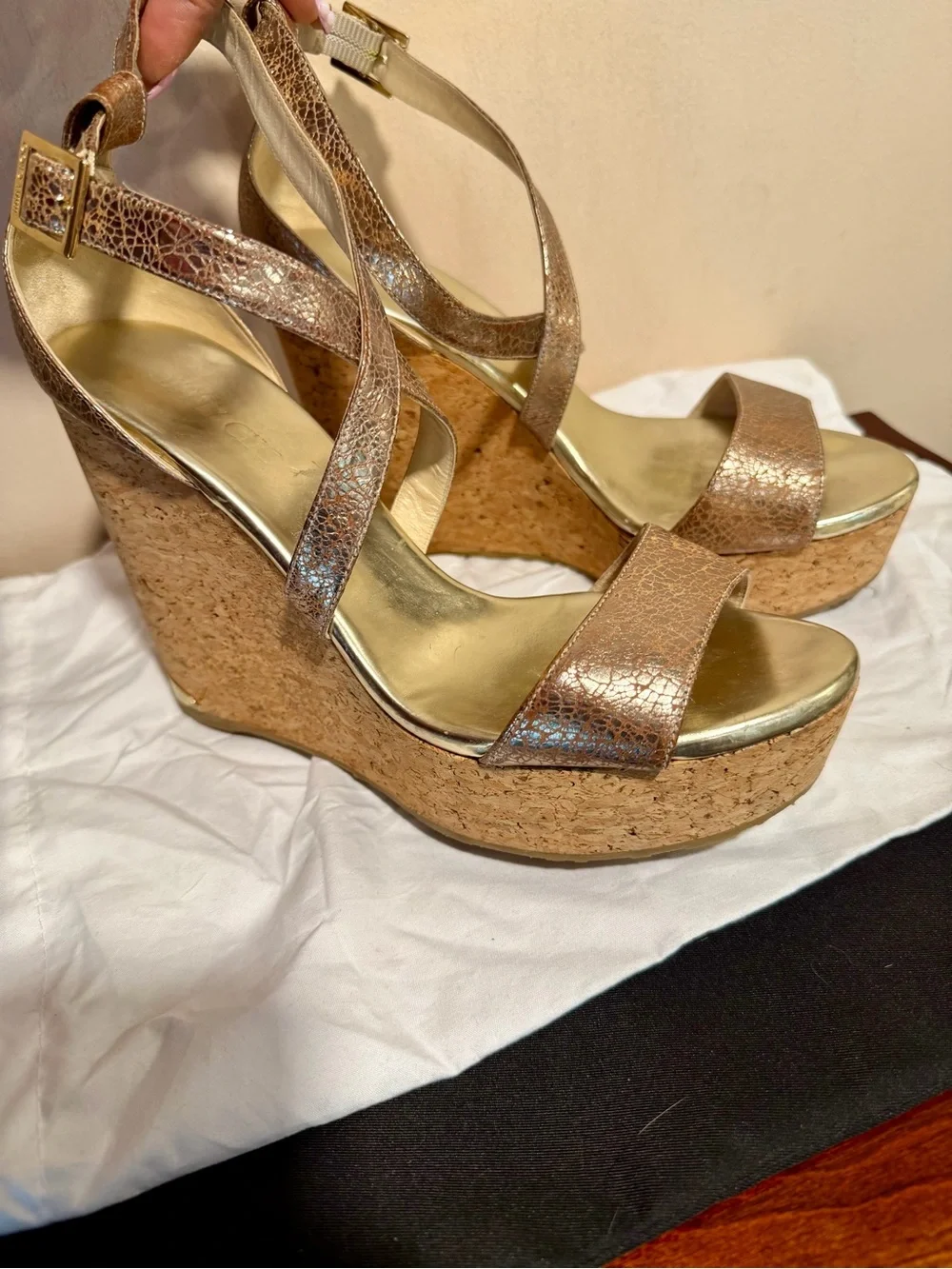 Jimmy Choo Metallic Gold Cork Wedge Sandals